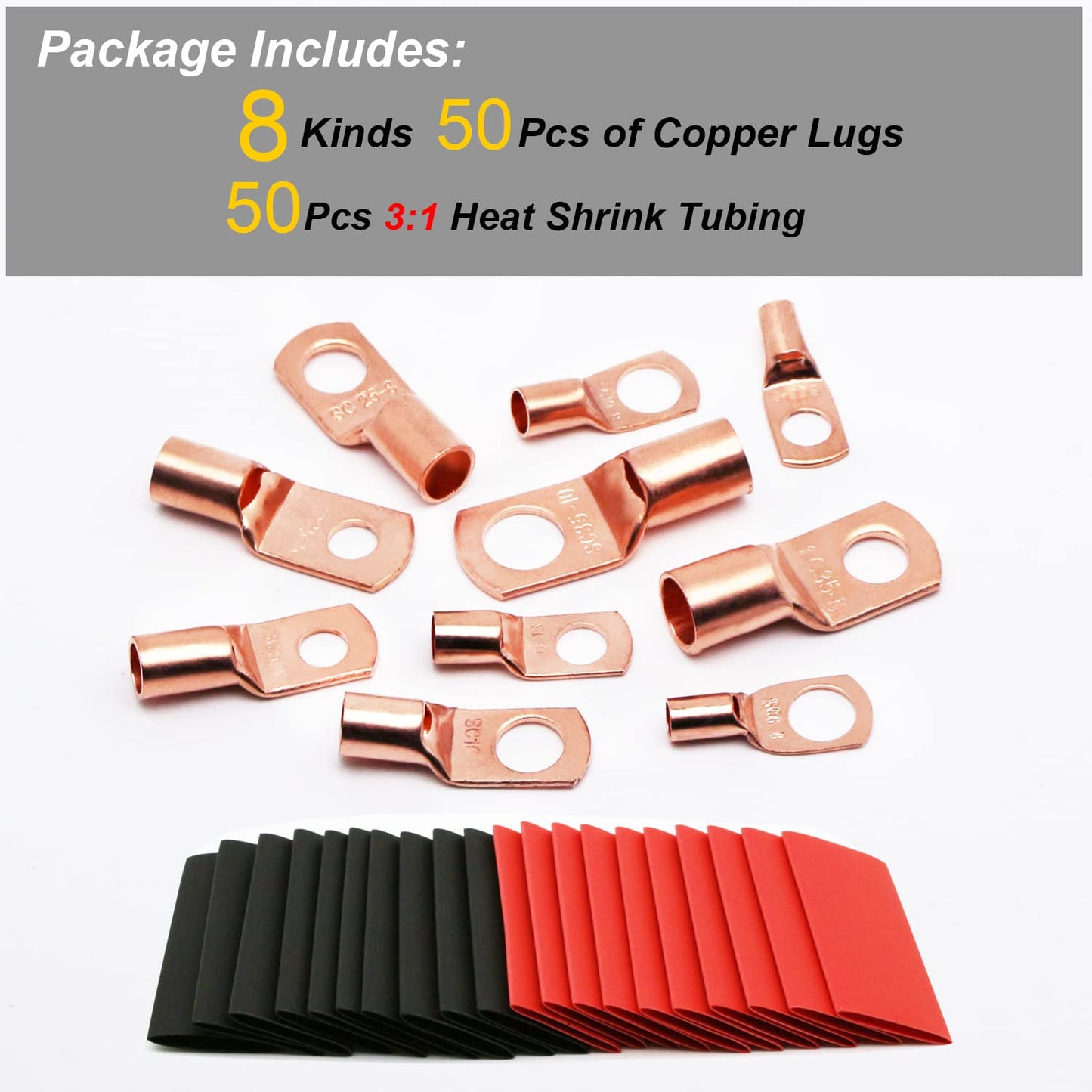 100Pcs Copper Wire Lugs AWG 6 8 10 12 with Heat Shrink Set, 50Pcs Battery Cable Lugs Battery Cable Ends Ring Terminals Connectors with 50Pcs Heat Shrink Tubing