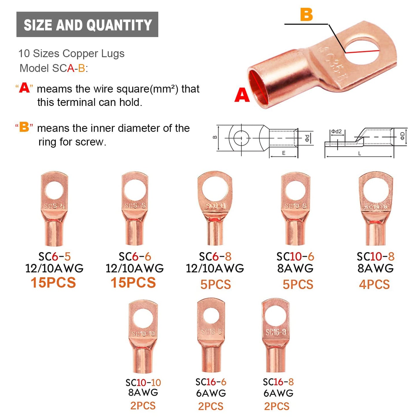 100Pcs Copper Wire Lugs AWG 6 8 10 12 with Heat Shrink Set, 50Pcs Battery Cable Lugs Battery Cable Ends Ring Terminals Connectors with 50Pcs Heat Shrink Tubing
