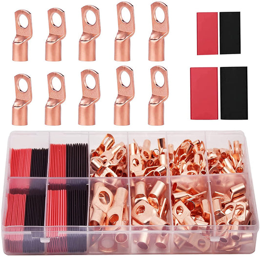100Pcs Copper Wire Lugs AWG 6 8 10 12 with Heat Shrink Set, 50Pcs Battery Cable Lugs Battery Cable Ends Ring Terminals Connectors with 50Pcs Heat Shrink Tubing