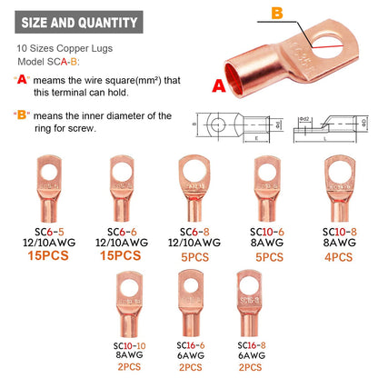 100Pcs Copper Wire Lugs AWG 6 8 10 12 with Heat Shrink Set, 50Pcs Battery Cable Lugs Battery Cable Ends Ring Terminals Connectors with 50Pcs Heat Shrink Tubing